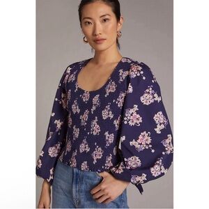 By Anthropologie Balloon-Sleeve Smocked Peplum Blouse Top 1X